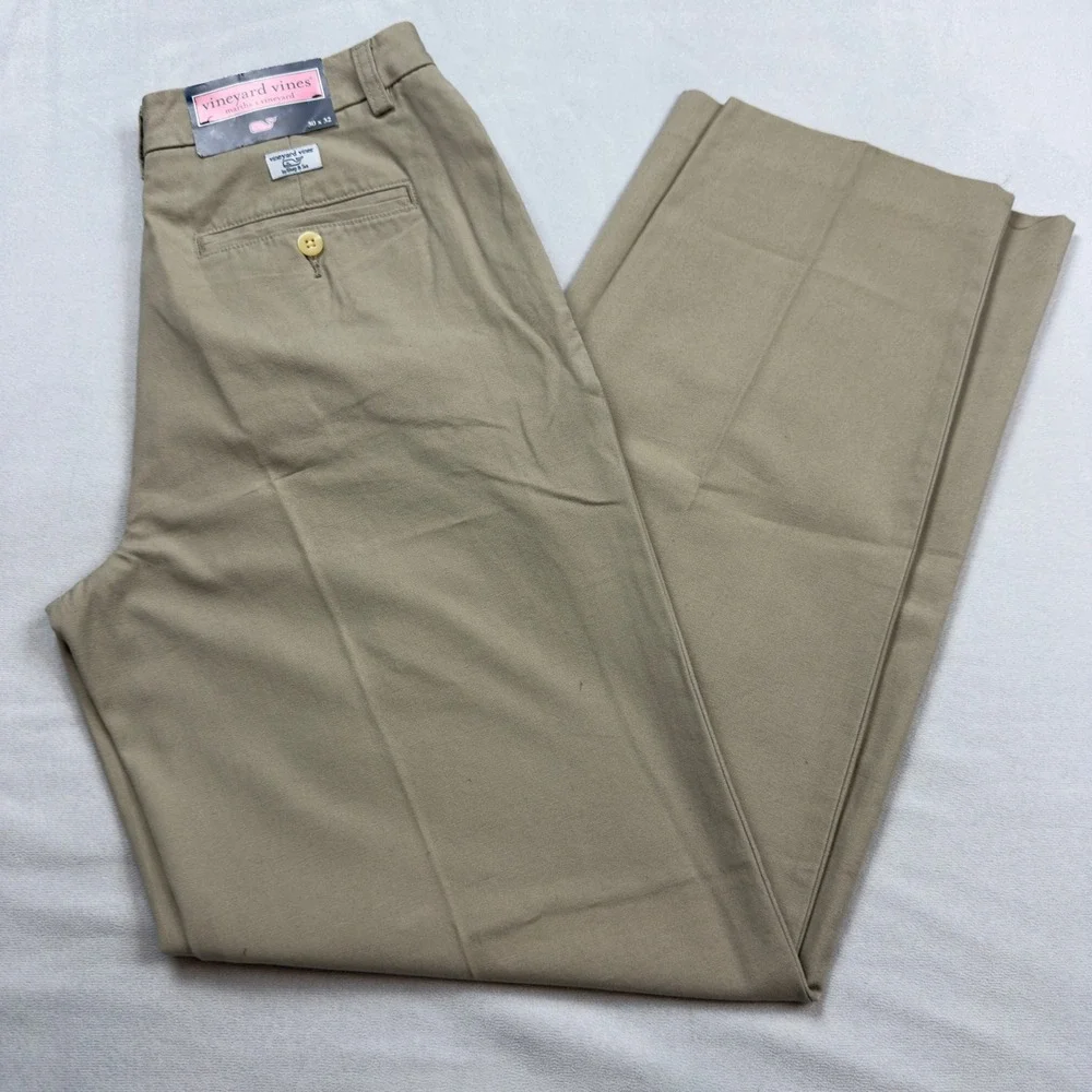 Vineyard Vines Mens 30x32 Khaki Plain Front Canvas Dock Pants Wake Forest WF Tan